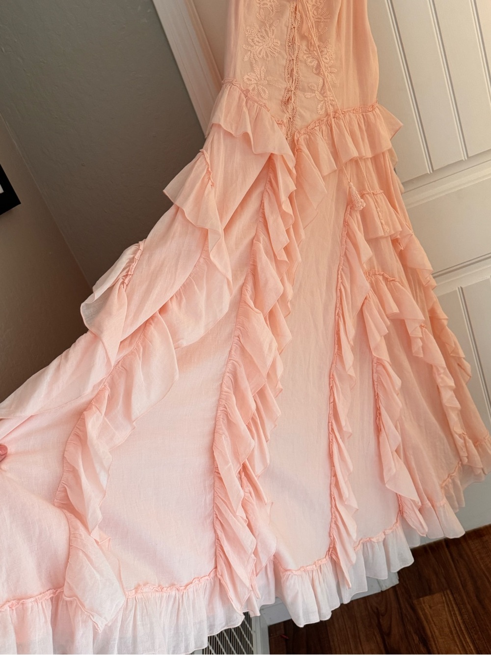 Boho Peach Ruffle Maxi Dress Lace Trim Smocked Back Festival Cottagecore - Picture 7 of 10